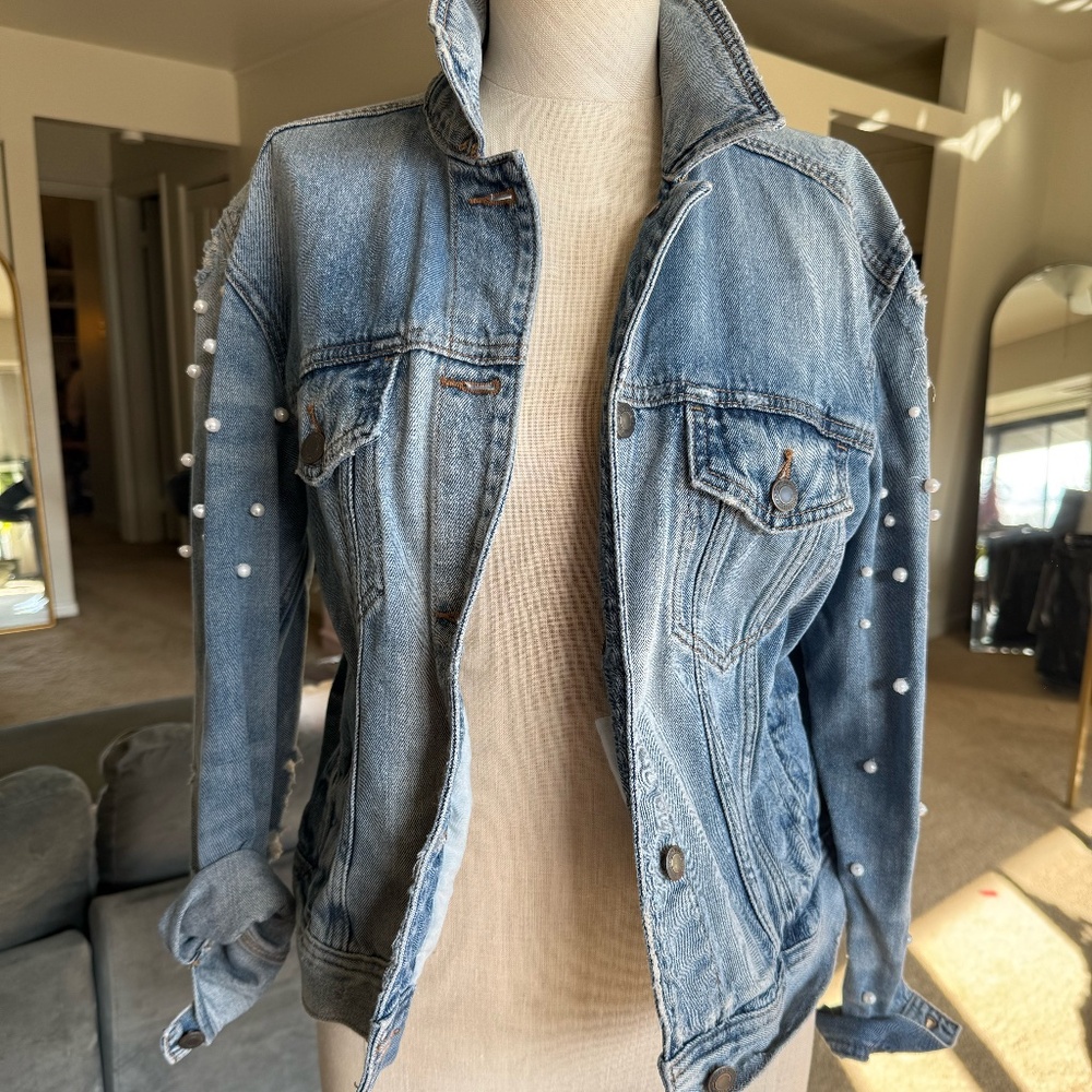 custom hand-sewn pearl embellished denim jacket
